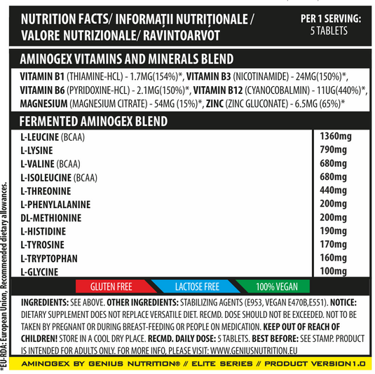 AMINOGEX EAA 300tabs Genius Nutrition fara aroma - Supliment alimentar pentru refacere musculara pe baza de aminoacizi esentiali si vitamine