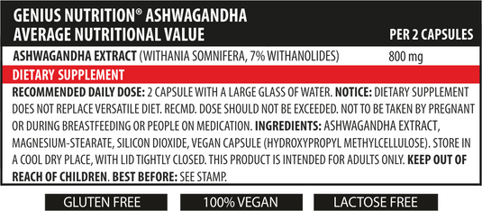 ASHWAGANDHA 90caps 45serv Genius Nutrtion – Supliment adaptogen pentru balanta hormonala cu efect puternic antistres