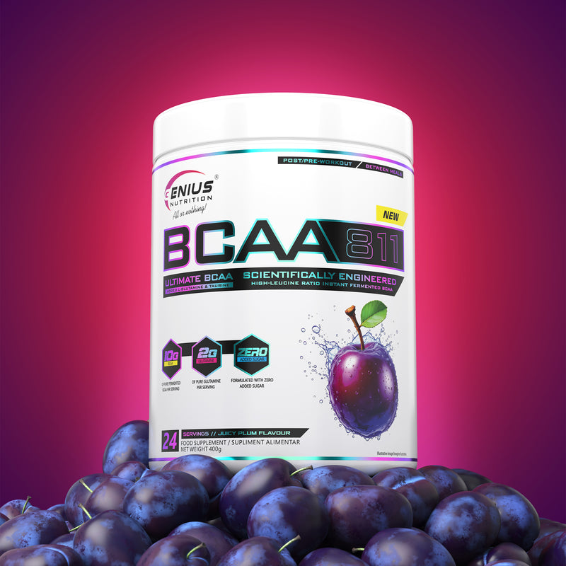Incarca imaginea in galerie, BCAA-811 400g 24serv Genius Nutrition Pruna Suculenta – Supliment pentru refacere musculara pe baza de aminoacizi cu catena ramificata cu adaos de glutamina si taurina.
