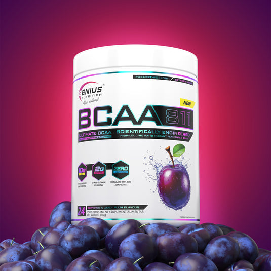BCAA-811 400g 24serv Genius Nutrition Pruna Suculenta – Supliment pentru refacere musculara pe baza de aminoacizi cu catena ramificata cu adaos de glutamina si taurina.