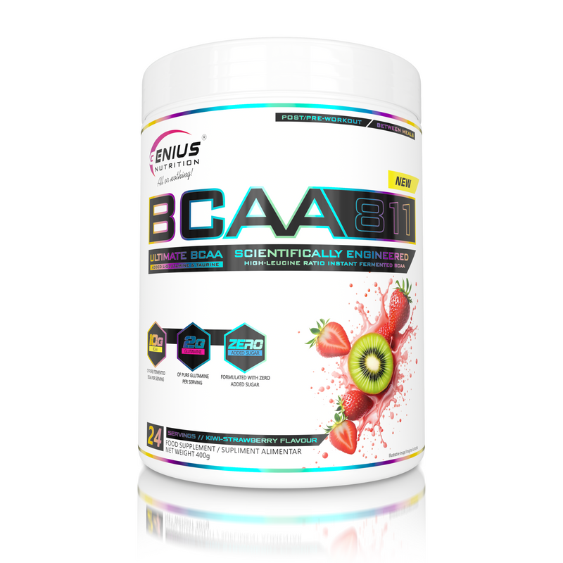 Incarca imaginea in galerie, BCAA-811 400g 24serv Genius Nutrition Kiwi-Capsuni – Supliment pentru refacere musculara pe baza de aminoacizi cu catena ramificata cu adaos de glutamina si taurina.
