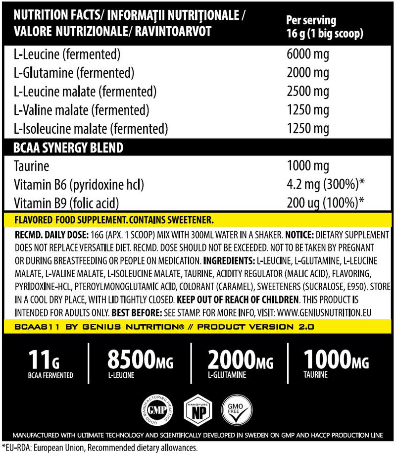 Incarca imaginea in galerie, BCAA-811 400g 25serv Genius Nutrition - Supliment pentru refacere musculara pe baza de aminoacizi cu catena ramificata cu adaos de glutamina si taurina
