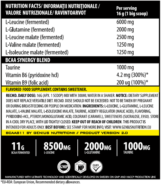 BCAA-811 400g 25serv Genius Nutrition - Supliment pentru refacere musculara pe baza de aminoacizi cu catena ramificata cu adaos de glutamina si taurina