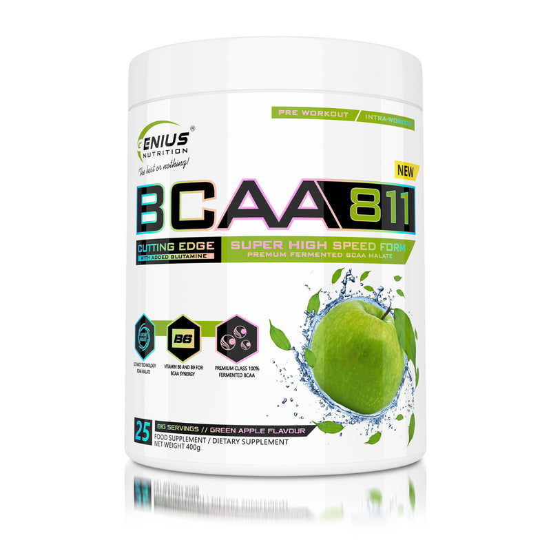 Incarca imaginea in galerie, BCAA-811 400g 25serv Genius Nutrition Green Apple – Supliment pentru refacere musculara pe baza de aminoacizi cu catena ramificata cu adaos de glutamina si taurina
