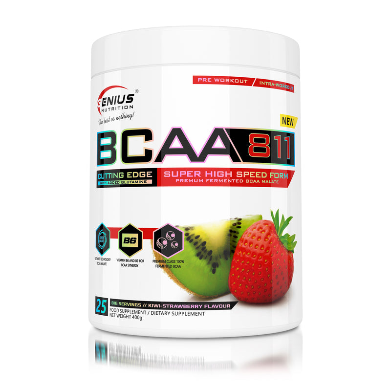 Incarca imaginea in galerie, BCAA-811 400g 25serv Genius Nutrition Kiwi Strawberry - Supliment pentru refacere musculara pe baza de aminoacizi cu catena ramificata cu adaos de glutamina si taurina  
