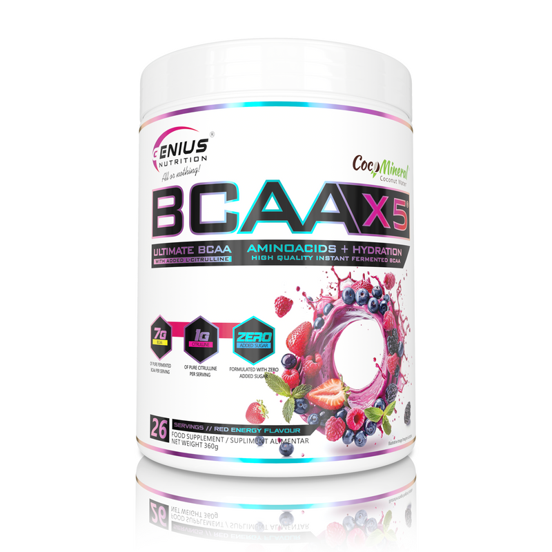 Incarca imaginea in galerie, BCAA-X5 360g 26serv Genius Nutrition - Supliment pentru refacere musculara, pompare si rehidratare pe baza de aminoacizi cu adaos de citrulina malat si electroliti cu aroma de red energy.
