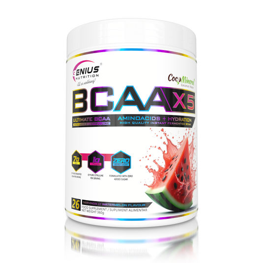 BCAA-X5 360g 26serv Genius Nutrition - Supliment pentru refacere musculara, pompare si rehidratare pe baza de aminoacizi cu adaos de citrulina malat si electroliti cu aroma de pepene.