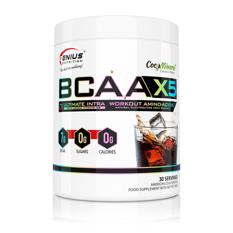 Incarca imaginea in galerie, BCAA-X5 360g 30serv Genius Nutrition American Cola – Supliment pentru refacere musculara, pompare si rehidratare pe baza de aminoacizi cu adaos de citrulina malat si electroliti
