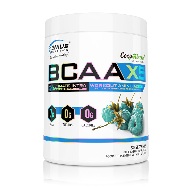 Incarca imaginea in galerie, BCAA-X5 360g 30serv Genius Nutrition Blue Raspberry - Supliment pentru refacere musculara, pompare si rehidratare pe baza de aminoacizi cu adaos de citrulina malat si electroliti
