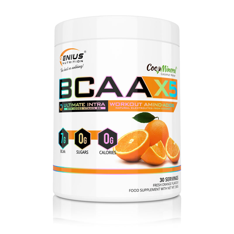 Incarca imaginea in galerie, BCAA-X5 360g 30serv Genius Nutrition Fresh Orange - Supliment pentru refacere musculara, pompare si rehidratare pe baza de aminoacizi cu adaos de citrulina malat si electroliti 
