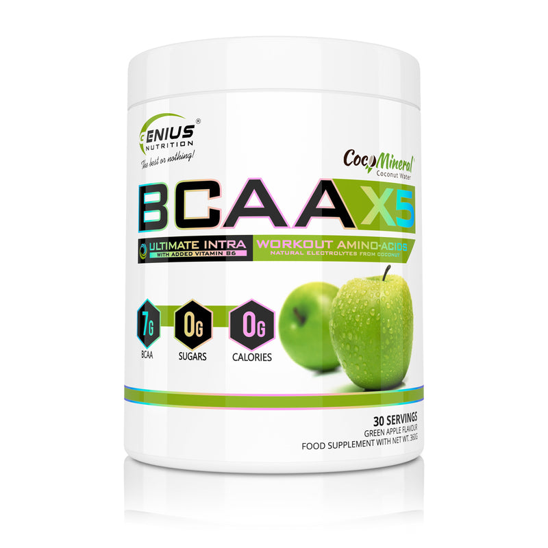 Incarca imaginea in galerie, BCAA-X5 360g 30serv Genius Nutrition Green Apple - Supliment pentru refacere musculara, pompare si rehidratare pe baza de aminoacizi cu adaos de citrulina malat si electroliti
