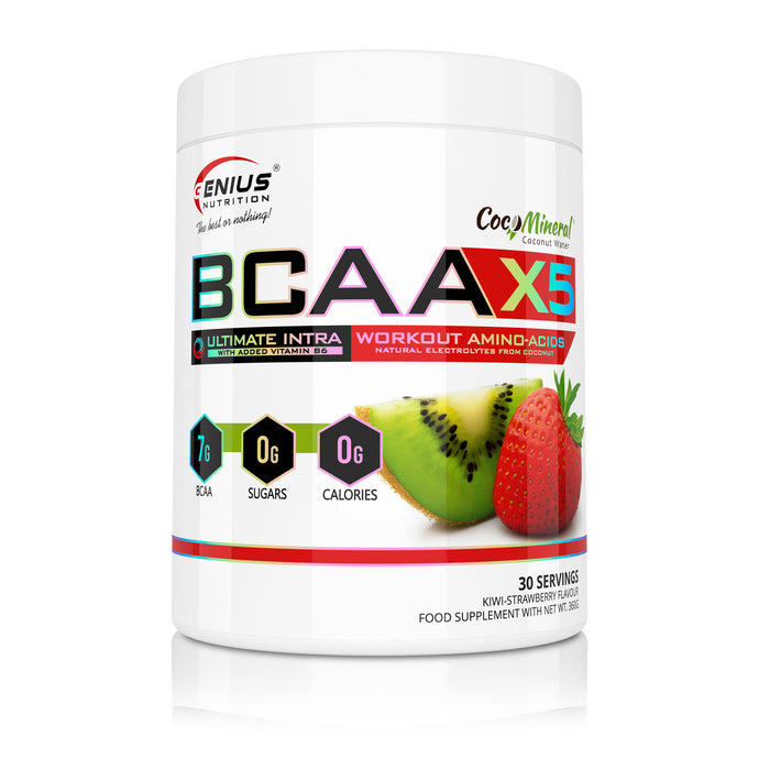 BCAA-X5 360g 30serv Genius Nutrition Kiwi-Strawberry – Supliment pentru refacere musculara, pompare si rehidratare pe baza de aminoacizi cu adaos de citrulina malat si electroliti