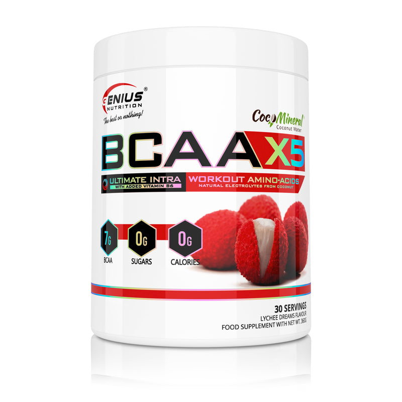 Incarca imaginea in galerie, BCAA-X5 360g 30serv Genius Nutrition Lychee Dreams - Supliment pentru refacere musculara, pompare si rehidratare pe baza de aminoacizi cu adaos de citrulina malat si electroliti
