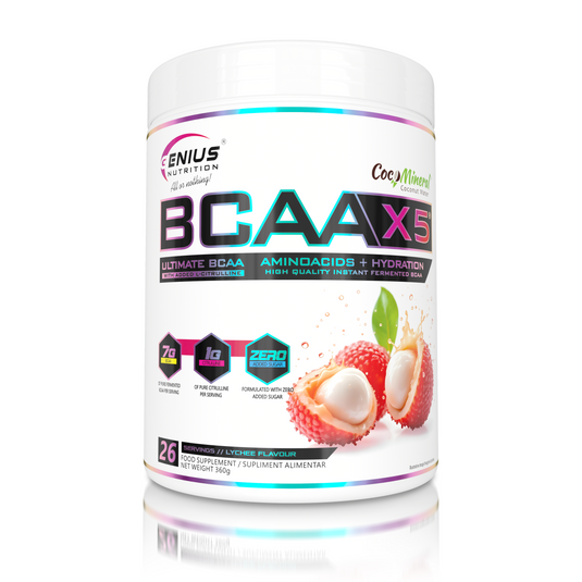 BCAA-X5 360g 30serv Genius Nutrition Lychee Dreams - Supliment pentru refacere musculara, pompare si rehidratare pe baza de aminoacizi cu adaos de citrulina malat si electroliti