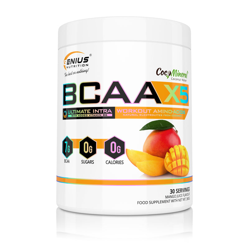 Incarca imaginea in galerie, BCAA-X5 360g 30serv Genius Nutrition Mango Juice - Supliment pentru refacere musculara, pompare si rehidratare pe baza de aminoacizi cu adaos de citrulina malat si electroliti
