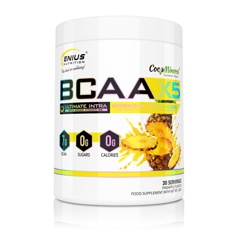 Incarca imaginea in galerie, BCAA-X5 360g 30serv Genius Nutrition Pineapple - Supliment pentru refacere musculara, pompare si rehidratare pe baza de aminoacizi cu adaos de citrulina malat si electroliti
