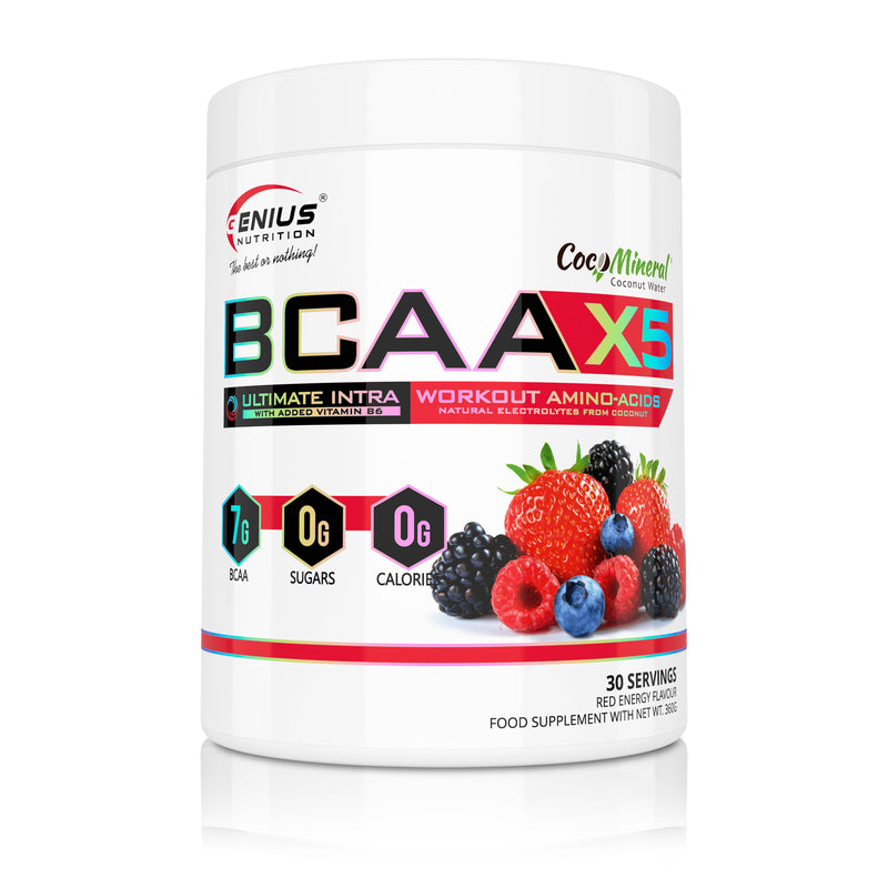 Incarca imaginea in galerie, BCAA-X5 360g 30serv Genius Nutrition Red Energy - Supliment pentru refacere musculara, pompare si rehidratare pe baza de aminoacizi cu adaos de citrulina malat si electroliti
