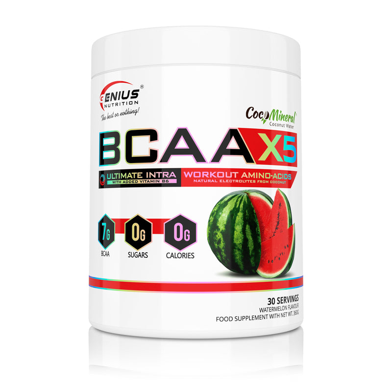 Incarca imaginea in galerie, BCAA-X5 360g 30serv Genius Nutrition Watermelon - Supliment pentru refacere musculara, pompare si rehidratare pe baza de aminoacizi cu adaos de citrulina malat si electroliti
