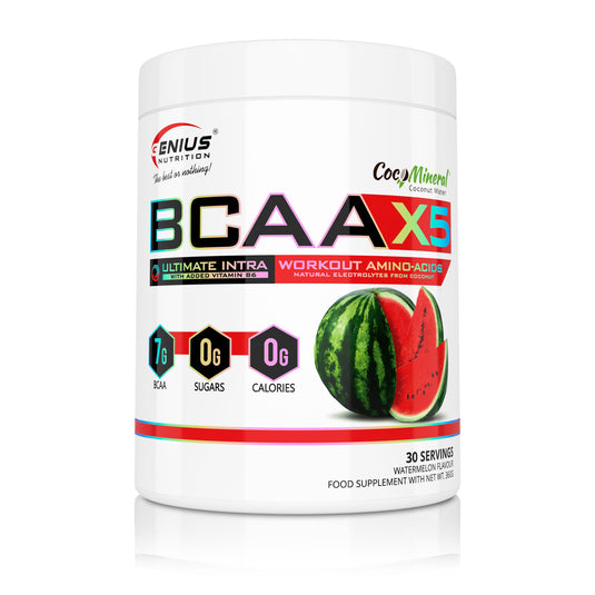 BCAA-X5 360g 30serv Genius Nutrition Watermelon - Supliment pentru refacere musculara, pompare si rehidratare pe baza de aminoacizi cu adaos de citrulina malat si electroliti