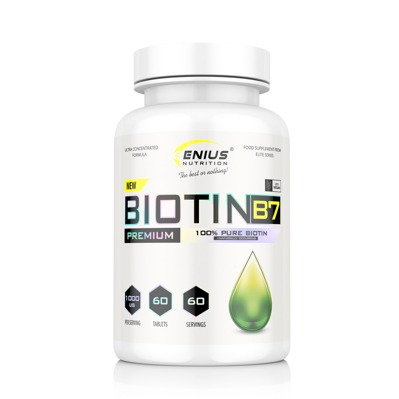 Incarca imaginea in galerie, BIOTIN B7 60tabs Genius Nutrition – Supliment pentru par, unghii si piele essential in sinteza cheratinei
