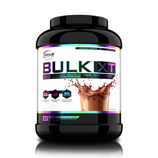 BULK-XT 4000g 40serv Genius Nutrition  - Supliment pentru dezvoltarea masei musculare cu proteina si carbohidrati imbunatatit cu creatina si ZMB6 cu aroma de ciocolata.