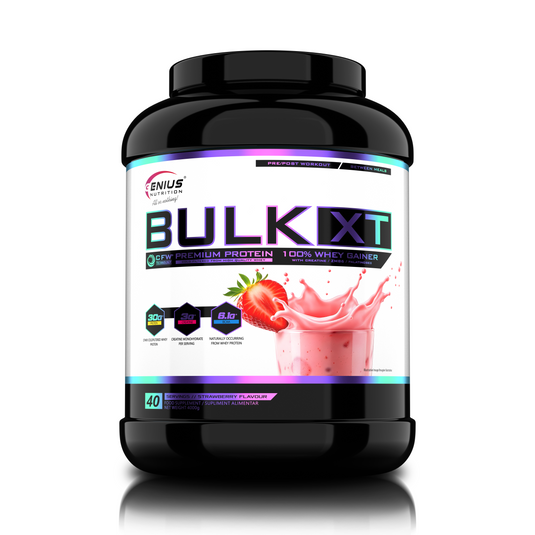 BULK-XT 4000g 40serv Genius Nutrition  - Supliment pentru dezvoltarea masei musculare cu proteina si carbohidrati imbunatatit cu creatina si ZMB6 cu aroma de capsuni.