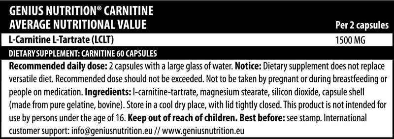 Incarca imaginea in galerie, CARNITINE (L-TARTRATE) 60caps 30 serv Genius Nutrition – Supliment pentru slabit si arderea grasimilor 
