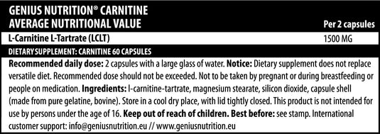 CARNITINE (L-TARTRATE) 60caps 30 serv Genius Nutrition – Supliment pentru slabit si arderea grasimilor 