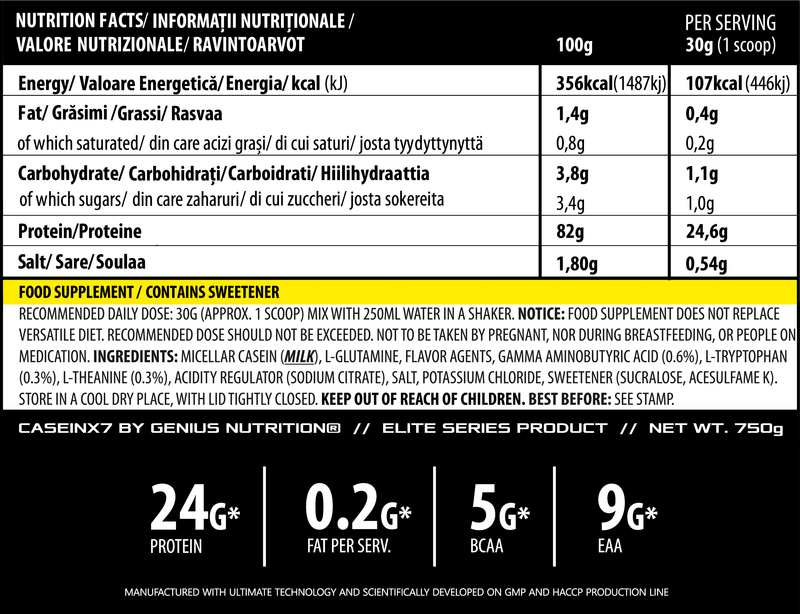 Incarca imaginea in galerie, CASEIN-X7 750g 25serv Genius Nutrition Chocolate – Supliment proteic pe baza de cazeina pentru crestere si refacere musculara pe parcursul noptii
