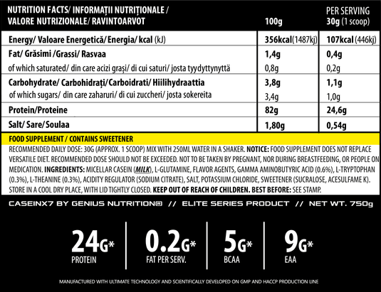 CASEIN-X7 750g 25serv Genius Nutrition Chocolate – Supliment proteic pe baza de cazeina pentru crestere si refacere musculara pe parcursul noptii