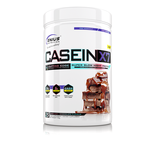 CASEIN-X7 750g 25serv Genius Nutrition Chocolate – Supliment proteic pe baza de cazeina pentru crestere si refacere musculara pe parcursul noptii