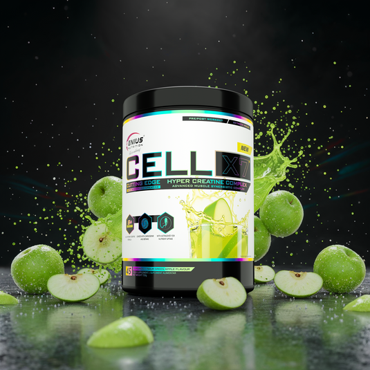 CELL-X7 720g 45serv Genius Nutrition – Supliment cu o formula avansata de creatina, conceput sa sustina cresterea masei musculare, sa sporeasca forta si anduranta, sa stimuleze productia de ATP si sa imbunatateasca hidratarea si volumizarea musculara, cu o absorbtie superioara cu aroma de mar verde acrisor.