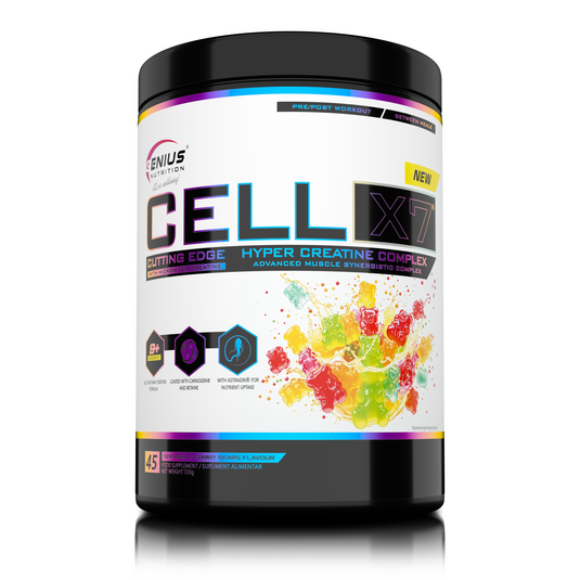 CELL-X7 720g 45serv Genius Nutrition – Supliment cu o formula avansata de creatina, conceput sa sustina cresterea masei musculare, sa sporeasca forta si anduranta, sa stimuleze productia de ATP si sa imbunatateasca hidratarea si volumizarea musculara, cu o absorbtie superioara cu aroma de ursuleti gumati.
