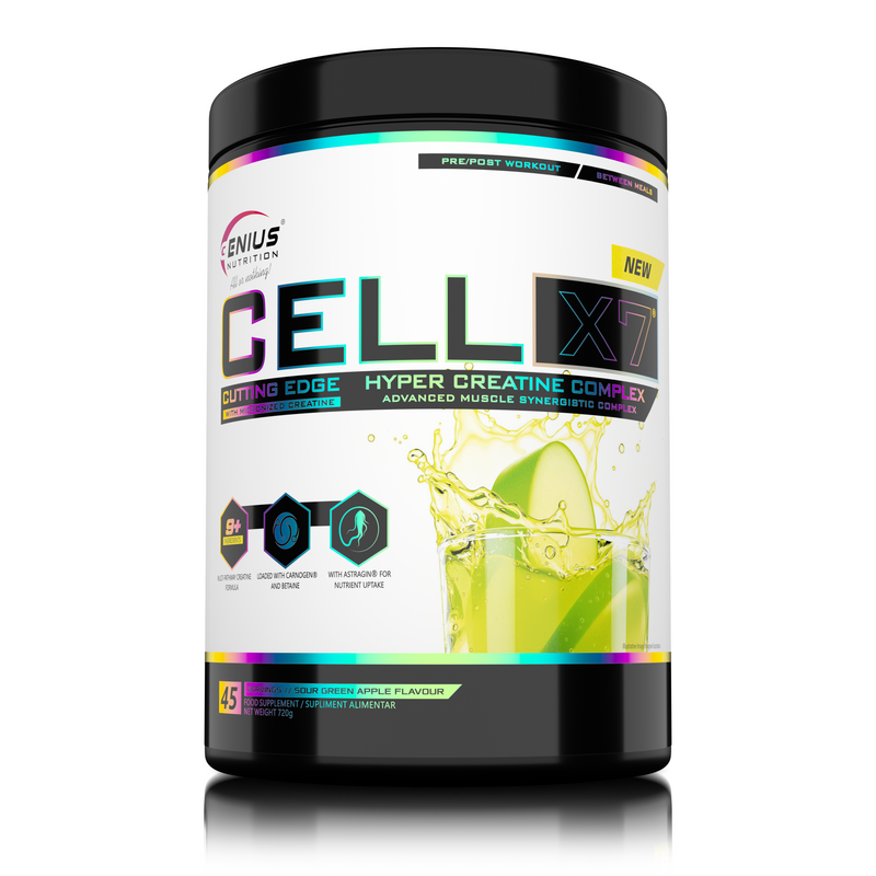 Incarca imaginea in galerie, CELL-X7 720g 45serv Genius Nutrition – Supliment cu o formula avansata de creatina, conceput sa sustina cresterea masei musculare, sa sporeasca forta si anduranta, sa stimuleze productia de ATP si sa imbunatateasca hidratarea si volumizarea musculara, cu o absorbtie superioara cu aroma de mar verde acrisor.
