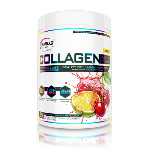 COLLAGEN-X5 360g 29serv Genius Nutrition - Supliment pentru ingrijirea pielii, parului si unghiilor, cu beneficii pentru sistemul digestiv si articular imbogatit cu electroliti din apa de cocos cu aroma de ciresa si lime.