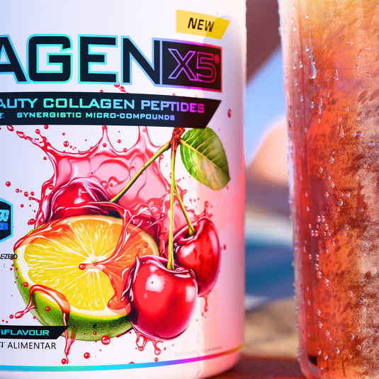 COLLAGEN-X5 360g 29serv Genius Nutrition - Supliment pentru ingrijirea pielii, parului si unghiilor, cu beneficii pentru sistemul digestiv si articular imbogatit cu electroliti din apa de cocos cu aroma de ciresa si lime.