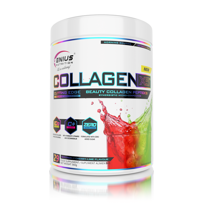 Incarca imaginea in galerie, COLLAGEN-X5 360g 29serv Genius Nutrition - Supliment pentru ingrijirea pielii, parului si unghiilor, cu beneficii pentru sistemul digestiv si articular imbogatit cu electroliti din apa de cocos cu aroma de ciresa si lime.

