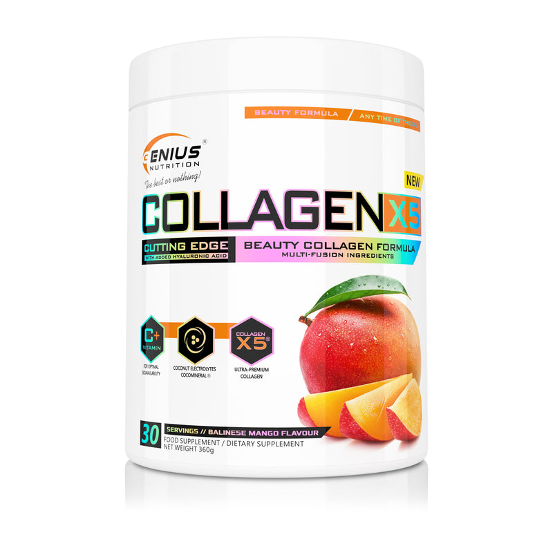 Incarca imaginea in galerie, COLLAGEN-X5 360g 30serv Genius Nutrition Balinese Mango - Supliment pentru ingrijirea pielii, parului si unghiilor, cu beneficii pentru sistemul digestiv imbogatit cu electroliti din apa de cocos 
