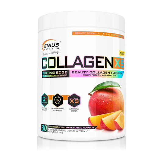 COLLAGEN-X5 360g 30serv Genius Nutrition Balinese Mango - Supliment pentru ingrijirea pielii, parului si unghiilor, cu beneficii pentru sistemul digestiv imbogatit cu electroliti din apa de cocos 