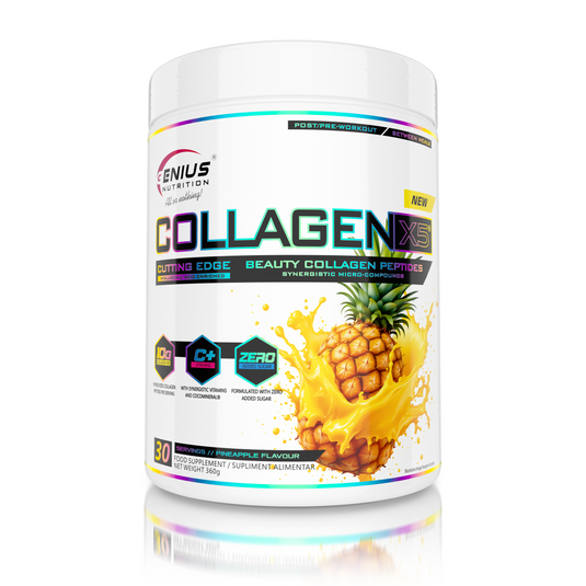 COLLAGEN-X5 360g 30serv Genius Nutrition - Supliment pentru ingrijirea pielii, parului si unghiilor, cu beneficii pentru sistemul digestiv si articular imbogatit cu electroliti din apa de cocos cu aroma de ananas.