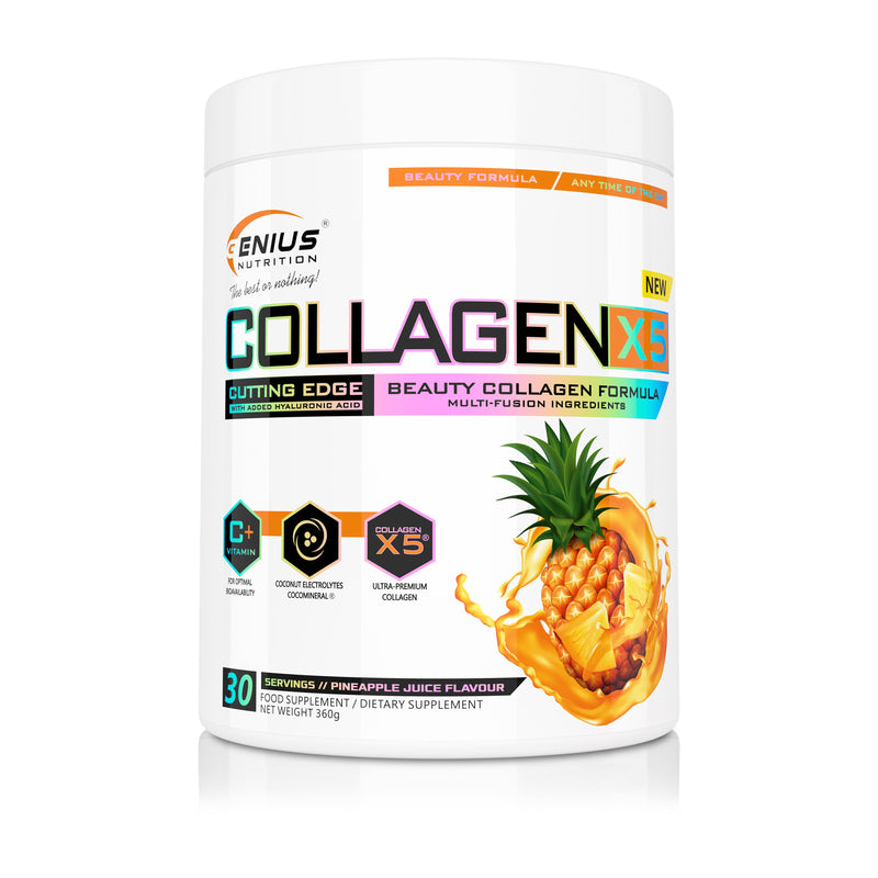 Incarca imaginea in galerie, COLLAGEN-X5 360g 30serv Genius Nutrition Pineapple Juice - Supliment pentru ingrijirea pielii, parului si unghiilor, cu beneficii pentru sistemul digestiv imbogatit cu electroliti din apa de cocos 
