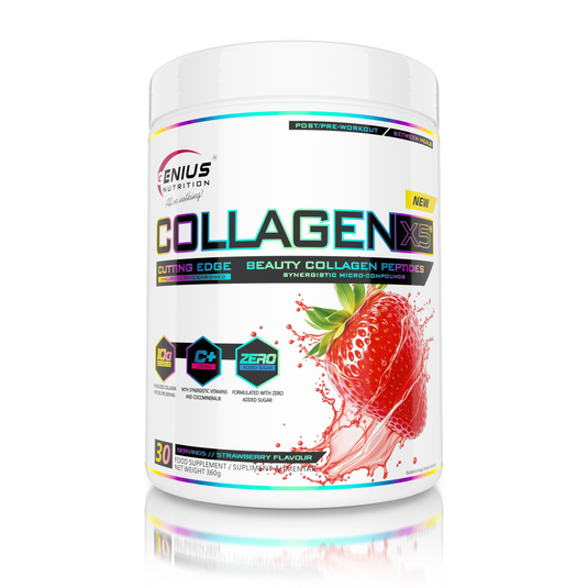 COLLAGEN-X5 360g 30serv Genius Nutrition - Supliment pentru ingrijirea pielii, parului si unghiilor, cu beneficii pentru sistemul digestiv si articular imbogatit cu electroliti din apa de cocos cu aroma de capsuna.