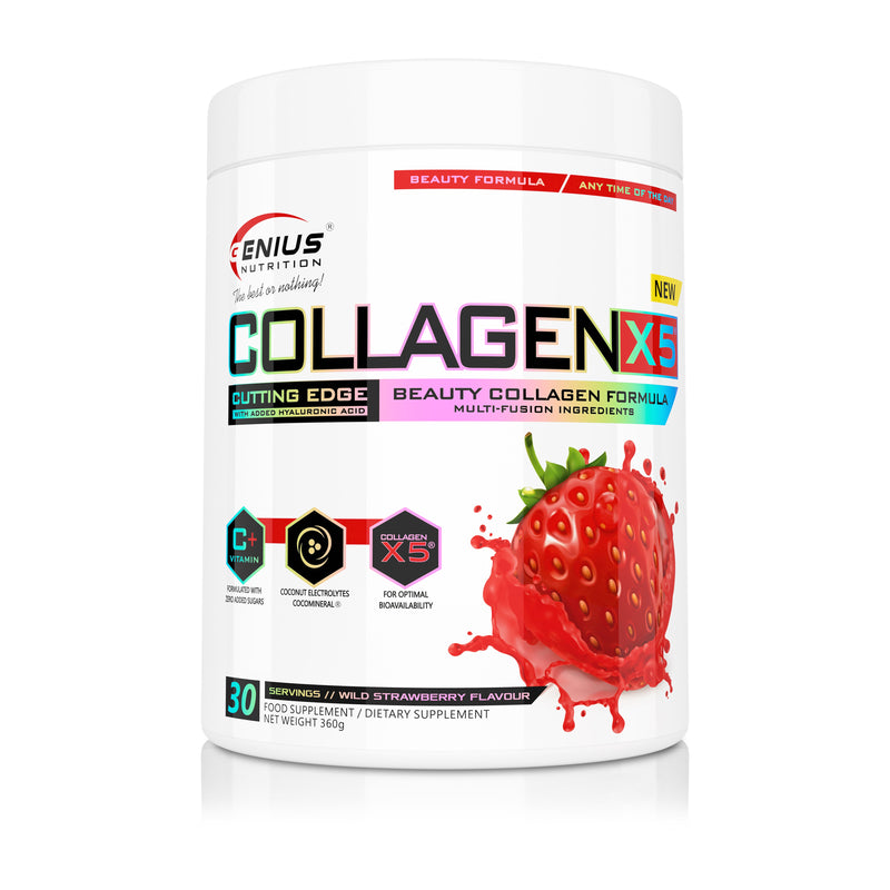 Incarca imaginea in galerie, COLLAGEN-X5 360g 30serv Genius Nutrition  Wild Strawberry - Supliment pentru ingrijirea pielii, parului si unghiilor, cu beneficii pentru sistemul digestiv imbogatit cu electroliti din apa de cocos
