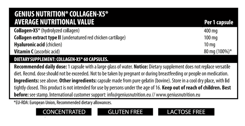 Incarca imaginea in galerie, COLLAGEN-X5 60caps 60 serv Genius Nutrition – Supliment pentru regenerarea cartilajelor, par stralucitor si hidratare
