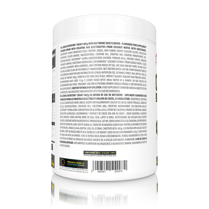 Incarca imaginea in galerie, CREA-F7 405g 43serv Genius Nutrition NECTARINE JUICE - Supliment cu 6 tipuri de creatina pentru cresterea masei musculare, energie, pompare si hidratare superioara.
