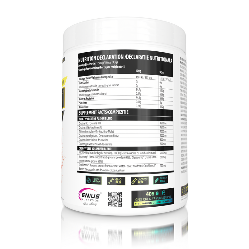 Incarca imaginea in galerie, CREA-F7 405g 43serv Genius Nutrition NECTARINE JUICE - Supliment cu 6 tipuri de creatina pentru cresterea masei musculare, energie, pompare si hidratare superioara.
