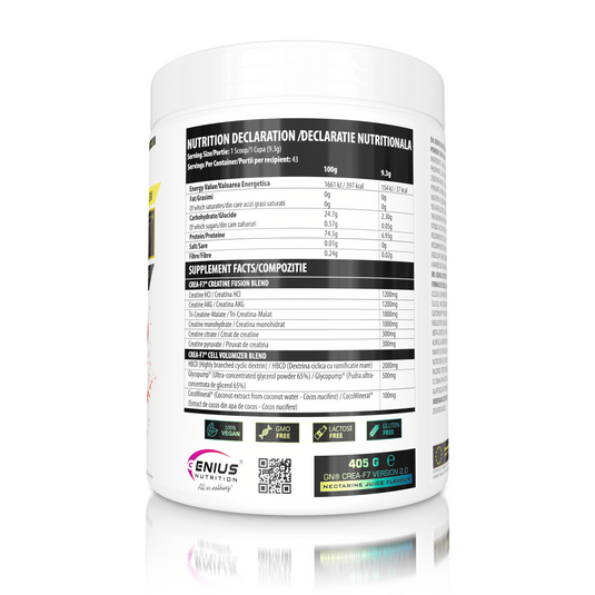 CREA-F7 405g 43serv Genius Nutrition NECTARINE JUICE - Supliment cu 6 tipuri de creatina pentru cresterea masei musculare, energie, pompare si hidratare superioara.