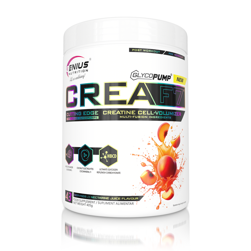 Incarca imaginea in galerie, CREA-F7 405g 43serv Genius Nutrition NECTARINE JUICE - Supliment cu 6 tipuri de creatina pentru cresterea masei musculare, energie, pompare si hidratare superioara.
