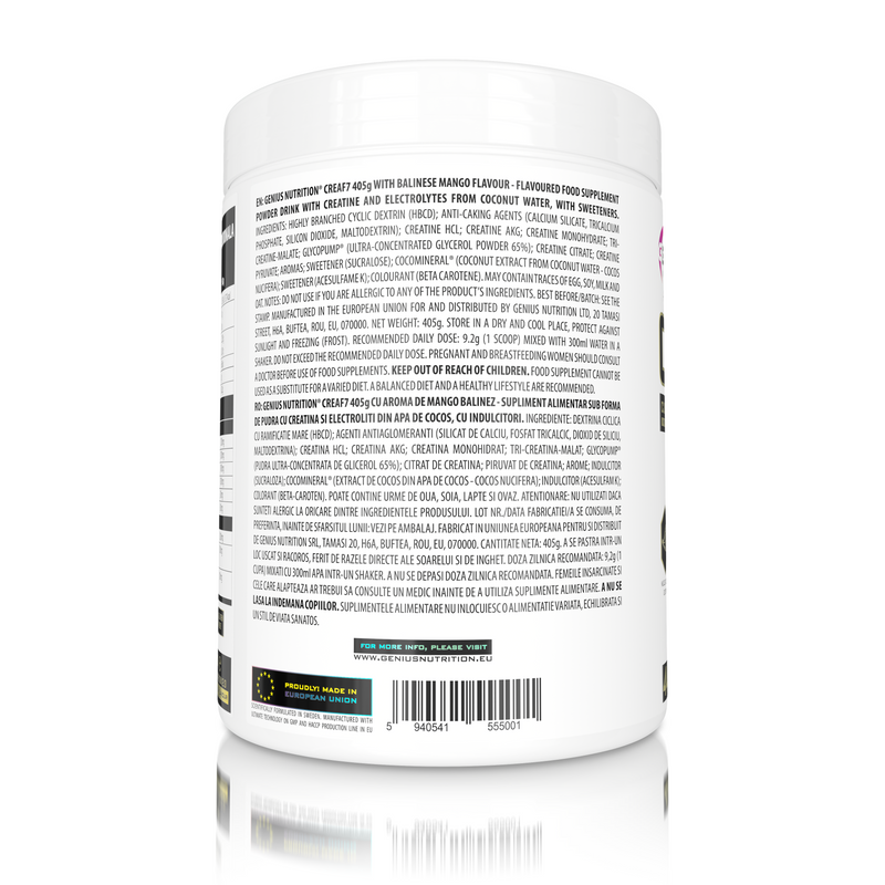 Incarca imaginea in galerie, CREA-F7 405g 44serv Genius Nutrition Balinese Mango - Supliment cu 6 tipuri de creatina pentru cresterea masei musculare, energie, pompare si hidratare superioara.
