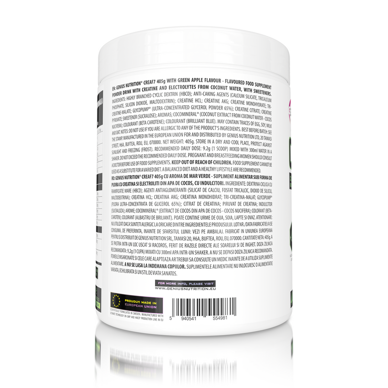 Incarca imaginea in galerie, CREA-F7 405g 44serv Genius Nutrition GREEN APPLE - Supliment cu 6 tipuri de creatina pentru cresterea masei musculare, energie, pompare si hidratare superioara.
